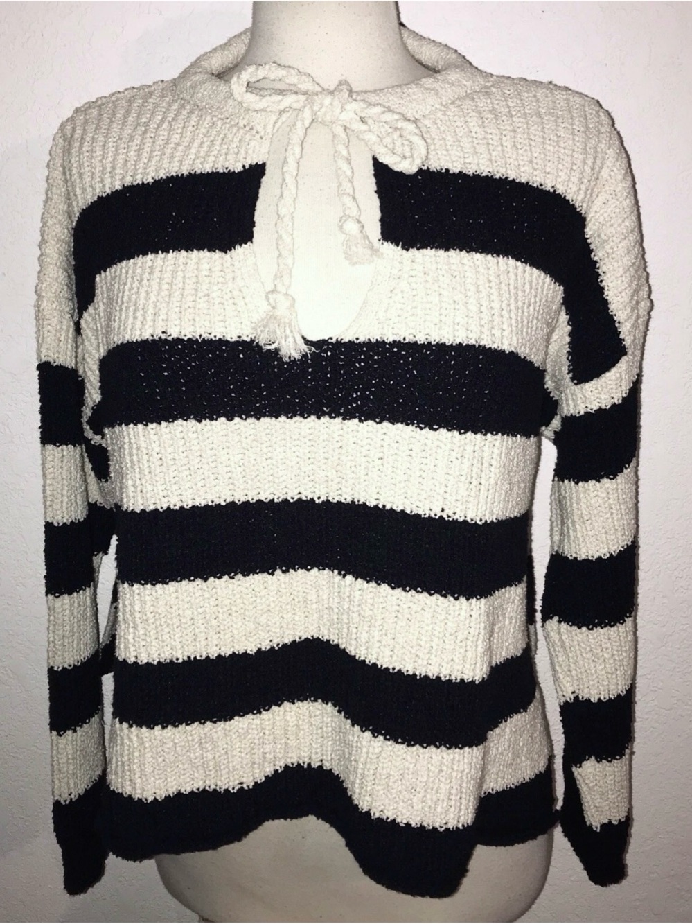 NWT Zara Dark Navy Blue & Beige Striped Soft Rope Tie Nautical Theme Sweater